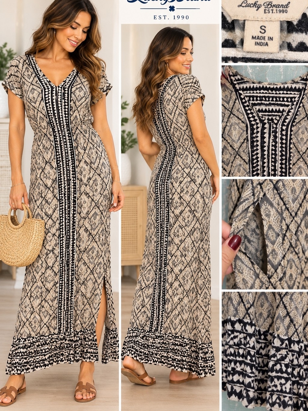 Lucky Brand Black & Beige Printed V-Neck Maxi Dress